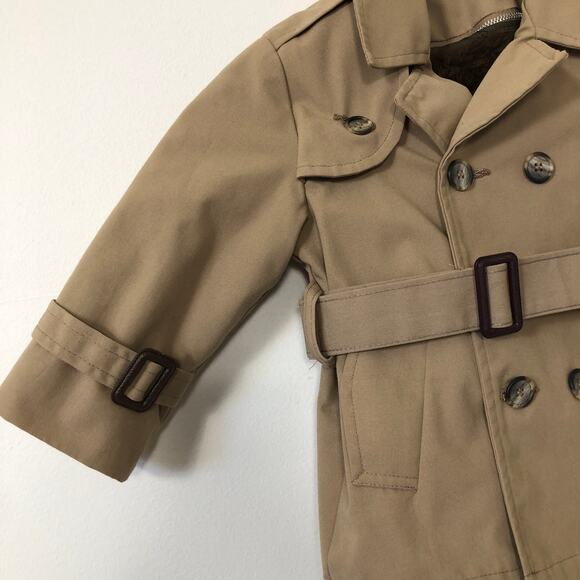 VTG Toddler Tan Khaki Trench Coat Tag 2 Fit 18-24M Zip Out Fur Lining Classic - Picture 4 of 11